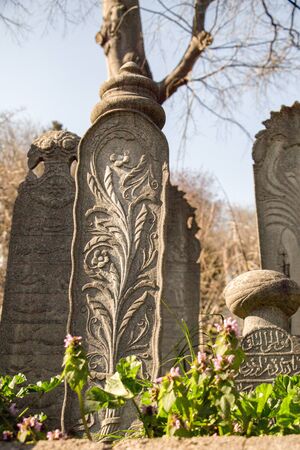 Old stone on the graves in Istanbul from Ottoman timeのeditorial素材