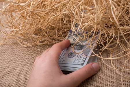 Banknote bundle of US dollar in a straw pile on canvasの写真素材