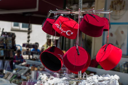 Pile of Turkish fez, traditional ottoman hatのeditorial素材