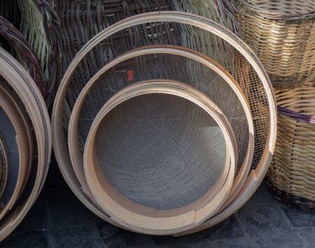 Traditional type sieve made of woodの写真素材