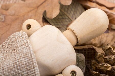 Wooden dolls posing amid autumn backgroundの写真素材