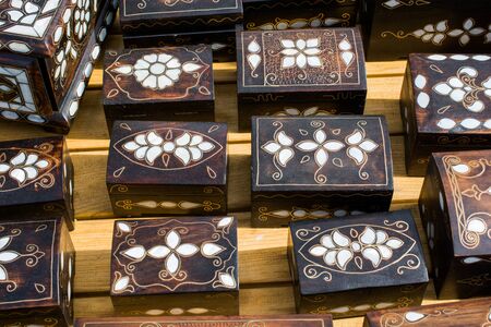 Ancient style wooden treasure chest with mother of pearl inlayの写真素材