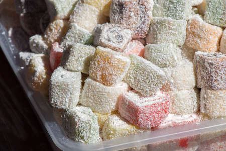 Delicious Turkish delight placed in a metal trayの写真素材