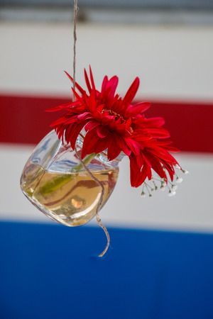 Herbal tea bottle with flowers hanging on stringの写真素材