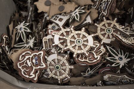 Set of wooden steering wheels of a boatの写真素材