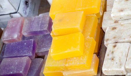 Collection of bars of fragrant hand made organic soapの写真素材