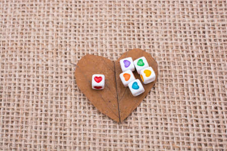 Colorful cubes with a heart  on leaf on canvasの写真素材