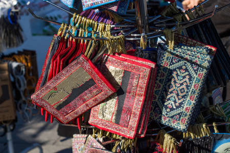 Traditional style handmade woven bags of fabricの写真素材