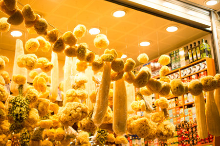 Collection of sea sponges hanging on a market stallの写真素材