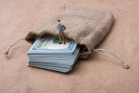 Man figurine standing on bundle of US dollar in a sackの写真素材
