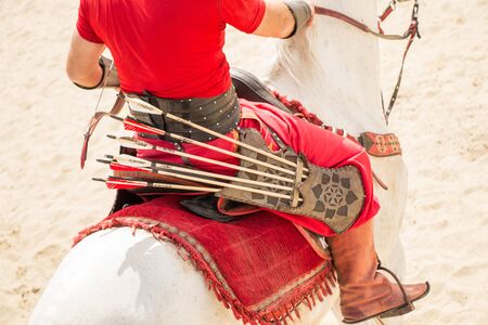 Old style wooden arrows in the case of an archerのeditorial素材