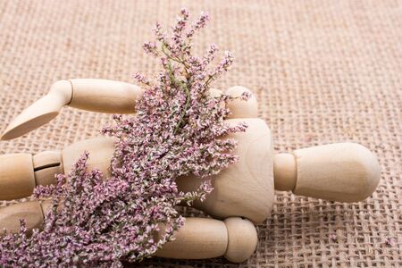 Wooden dolls of a man posing on canvasの写真素材