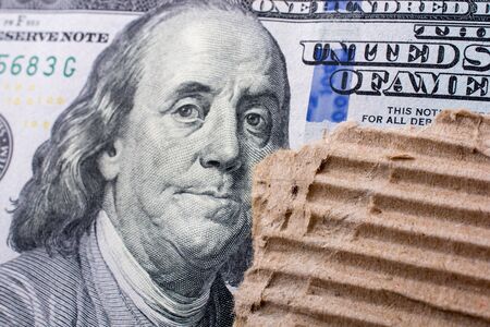 Close up of Benjamin Franklin face on 100 US dollar billの写真素材