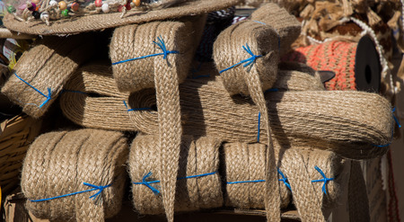 Plenty of spools or rolls of brown color linen stringの写真素材