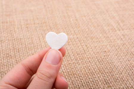 Heart shaped object in hand on canvasの写真素材