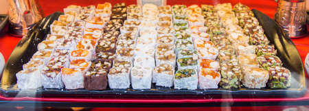 Delicious Turkish delight placed in a metal trayの写真素材