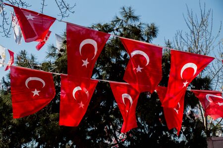 Turkish national flag in open air on a ropeの写真素材
