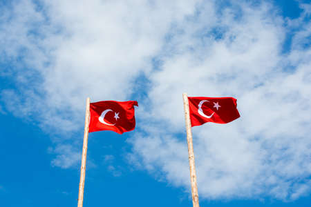 Turkish national flag hang on a pole in open airの写真素材