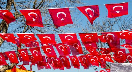Turkish national flag in open air on a ropeの写真素材