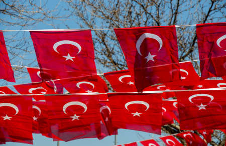Turkish national flag in open air on a ropeの写真素材