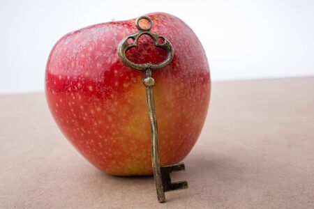 Hand holding a key beside a red appleの写真素材