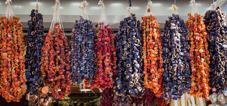 Dried peppers and aubergines and colourful spices in the Spice Marketの写真素材