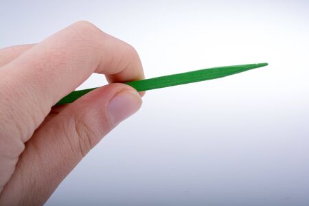 Little wooden sharp stick in hand on white backgroundの写真素材