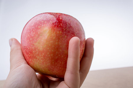 Hand holding a fresh red apple on a woodの写真素材