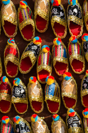 Set of turkish Ottoman leather slipper in bazaar in Istanbulの写真素材