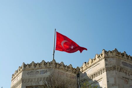 Turkish national flag hang on a pole in open airの写真素材
