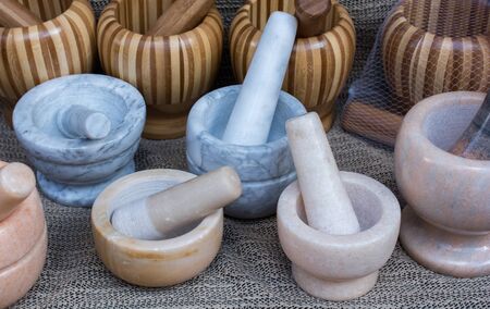 wooden mortars and pestles as a traditional  kitchenwareの写真素材