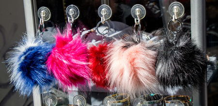 Set of the colorful  pompoms in the bazaarの写真素材