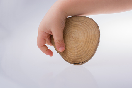 Wood Log cut in round thin pieces in hand on a white backgroundの写真素材