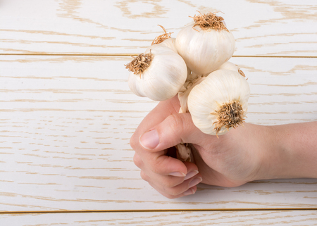 Hand holding cloves of garlic on a wooden textureの写真素材