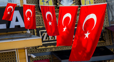 Turkish national flag in open air on a ropeの写真素材