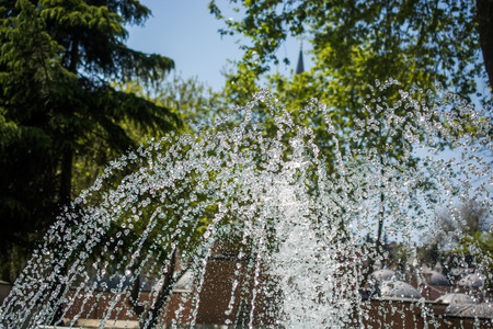 The fountains gushing sparkling water in a pool in a parkの写真素材