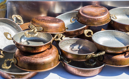 Set of new metal pans as cookwareの写真素材