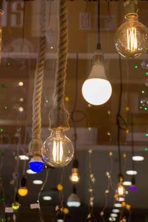 Decorative antique edison style filament light bulbs hangingの写真素材