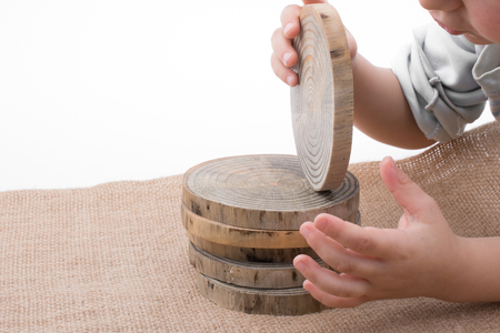 Wood Log cut in round thin pieces in handの写真素材