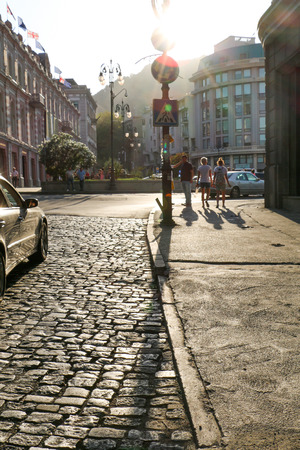 Old electric street lamps made of metal in retro styleのeditorial素材