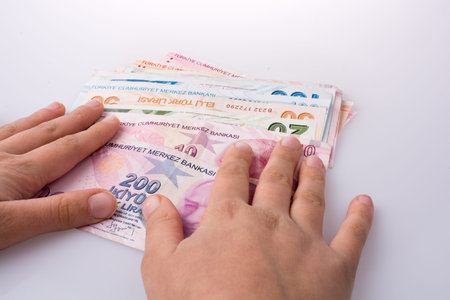 Hand holding Turksh Lira banknotes  on white background