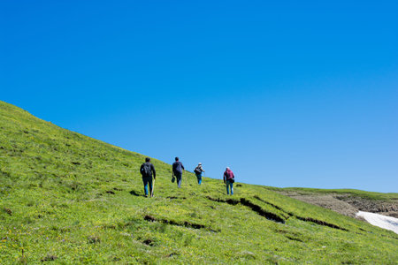 Friends taking an excursion on a mountainの写真素材