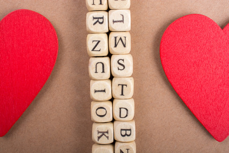 Red Love icon and Letter cubes of made of woodの写真素材