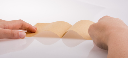 Hand holding a sheet of paper on a white backgroundの写真素材