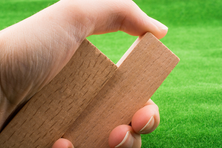 Wooden dominos on green grassの写真素材