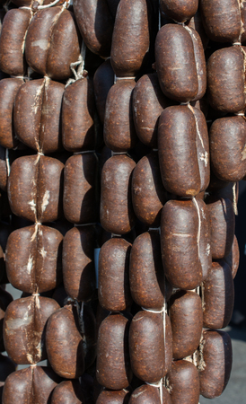 Traditional Turkish style dried sausages in viewの写真素材