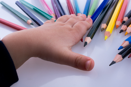Hand holding Color pencils on a white backgroundの写真素材