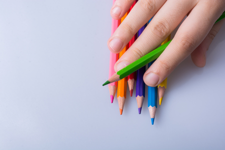Hand holding color Pencils placed on a white backgroundの写真素材