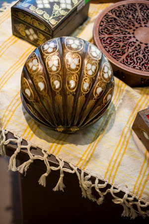 Ancient style wooden treasure chest with mother of pearl inlayの写真素材