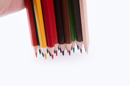 color pencils of various colors on a white backgroundの写真素材